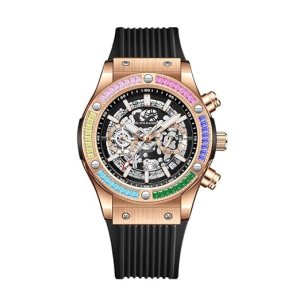 Giordano Multi-Function Watch for Men | Rainbow Crystal Bezel | Skeleton Dial | Black Sillicon Strap