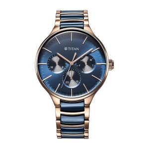 Titan Ceramic Fusion Quartz Multifunction Blue Dial with Two Toned Color Stainless Steel Strap Watch for Men-90148KD04/NT90148KD04