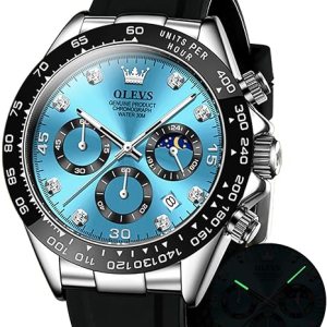 OLEVS Watches for Men Analog Quartz Chronograph Watch Moon Phase Waterproof Black Silicone Diamond Dress Luminous Easy Reader Wrist Watches