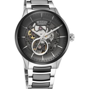 Titan Ceramic Fusion Automatic Black Dial Silver Dual-Toned Stainless Steel Bracelet Analog Watch for Men-90174KD01/NT90174KD01