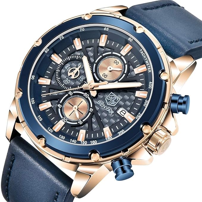 Buy BENYAR Wrist Watches for Men Leather Strap Analog Chronograph Fashion Business Sport Design Mens Watch 30M Waterproof Stylish Elegant Gifts for Men - Image 3